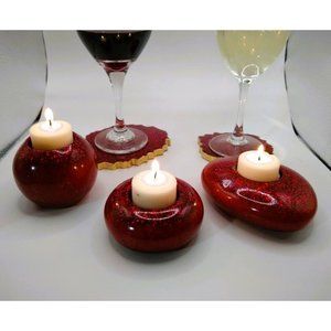 Coasters and Tea Light Candle Holders 5 Piece Set Red Glitter Handmade NEW